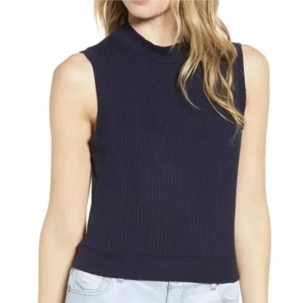 BP Women's Ribbed Knit Mock Neck Sleeveless Navy Blue Sweater Large NWT